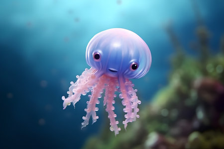 Blue jellyfish swimming in the deep blue ocean. 3d renderの素材