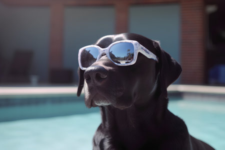 Portrait of black labrador retriever with sunglasses in swimming poolの素材