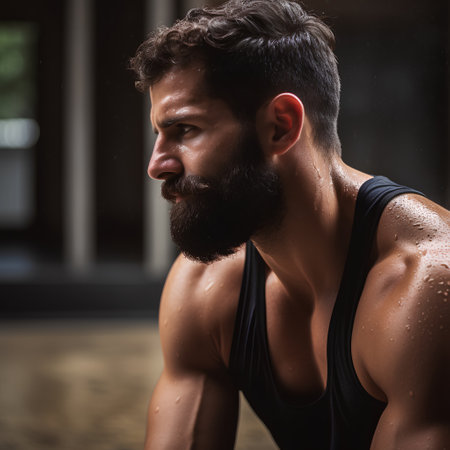 Handsome bearded man in sportswear posing in gym.の素材