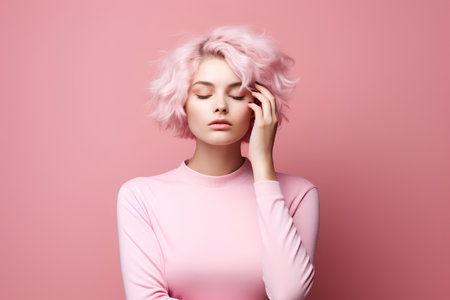 Young woman with pink hair on pink background. Beauty, fashion.の素材