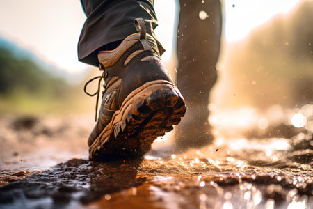 Hiking boots on a trail in the rain. Extreme sport concept.の素材