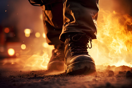 A man in a military jacket and boots walks through the fire.の素材