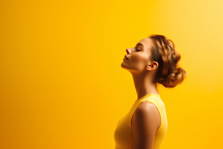 Portrait of beautiful young woman with closed eyes on yellow background.の素材