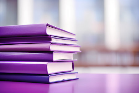 Stack of purple books on the table in the library. Education concept.の素材