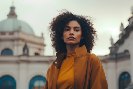 Portrait of beautiful african american woman with curly hair in yellow coat on the street.の素材