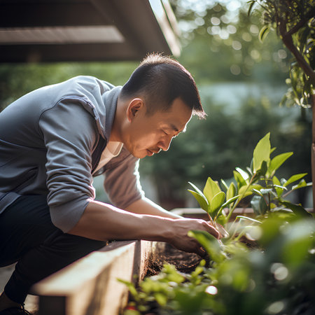 Handsome asian man planting plants in the garden at homeの素材