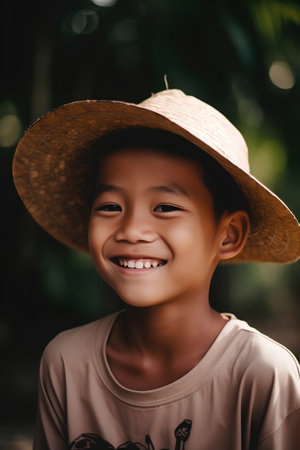 Portrait of a cute asian little boy wearing hat and smilingの素材