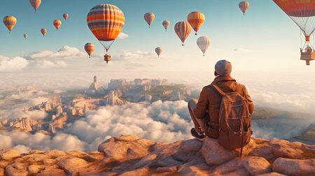 Tourist with backpack and hot air balloons flying in the sky.の素材
