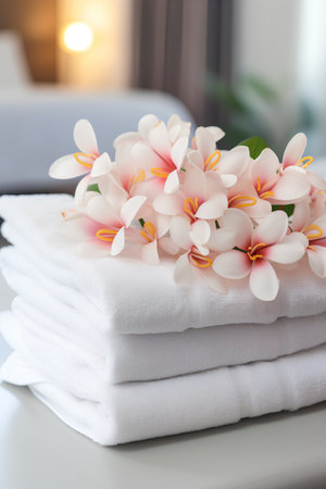 White towels and flowers on the bed in the hotel room, soft focus backgroundの素材