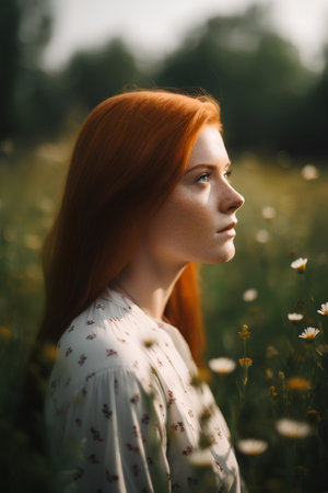 Portrait of beautiful red-haired girl with freckles on her face in the field.の素材