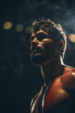 Portrait of a handsome muscular man on a dark background in the smoke.の素材