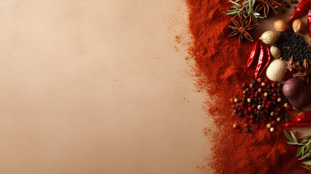 Spices and herbs on stone background. Top view with copy spaceの素材