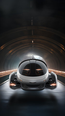 3D rendering of a futuristic concept car in a tunnel with lightsの素材
