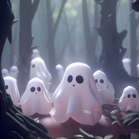 Ghosts in the forest. Halloween background. 3D rendering.の素材