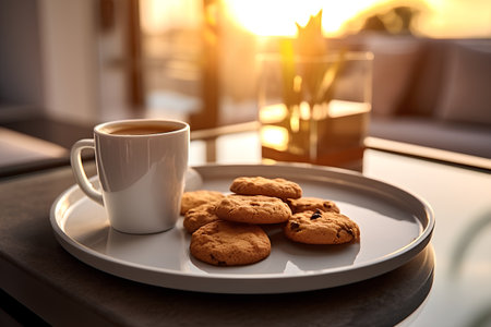 Cup of coffee and oatmeal cookies on a tray on the table.の素材