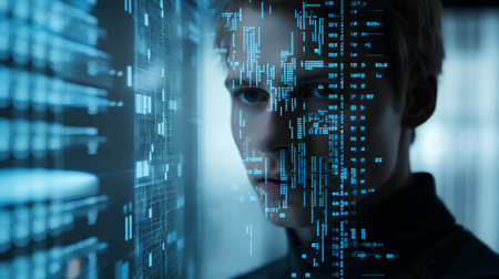Futuristic man with binary code on the virtual screen. 3d renderingの素材