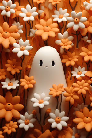 Cute ghost among flowers. Halloween concept. 3D Renderingの素材