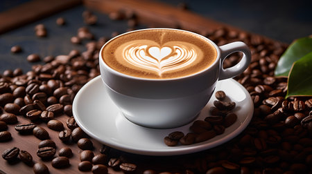 Cup of coffee with latte art and coffee beans on dark backgroundの素材