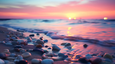 Colorful sunset over the sea with pebbles on the beachの素材