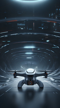 3D rendering of a drone flying over the city in front of a futuristic backgroundの素材