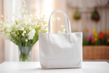Elegant white bag on a table in a room with flowersの素材