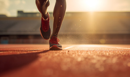 Runner feet running on running track at sunset. Sport and healthy lifestyle concept.の素材