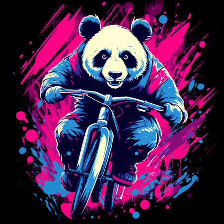 Vector illustration of a panda rides a bike on a grunge backgroundの素材