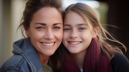 Portrait of a mother and daughter looking at camera and smiling.の素材