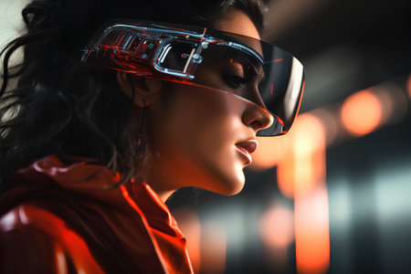 Young woman wearing virtual reality goggles. Future technology concept. 3D Renderingの素材