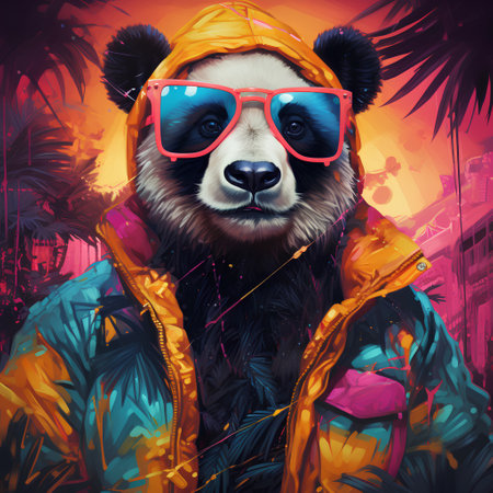 Portrait of a panda in a raincoat and sunglasses.の素材