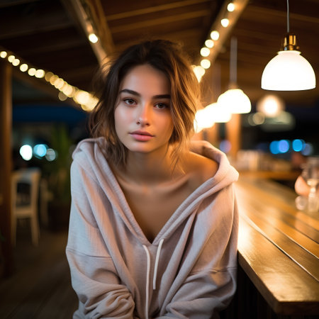 Beautiful young woman sitting in a cafe at night and looking at the cameraの素材