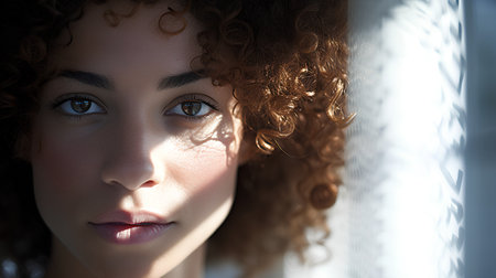 Close-up portrait of a beautiful young woman with curly hair.の素材