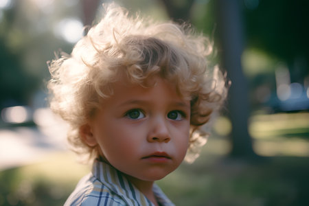 Portrait of a boy with blond curly hair in the park.の素材