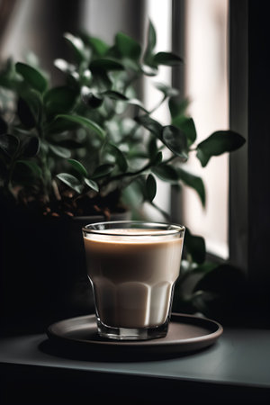 Coffee in a glass cup on a wooden table near the windowの素材