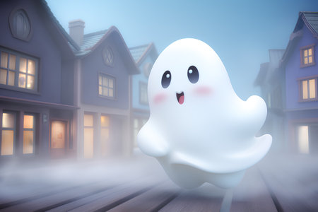Illustration of a ghost in front of a house in the fogの素材