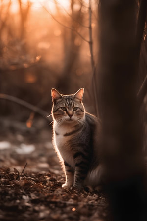 Cute tabby cat in the forest at sunset. Selective focus.の素材