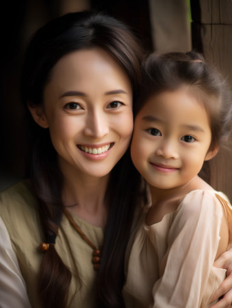 Portrait of asian mother and daughter looking at camera with smileの素材