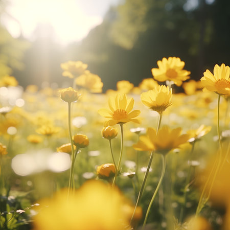 Yellow daisies on a sunny meadow in the sunlight.の素材