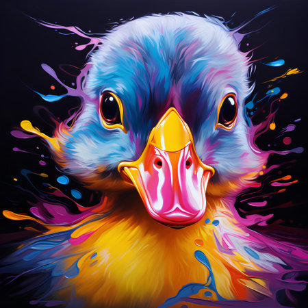 Cute duck with colorful splashes on black background. Vector illustration.の素材