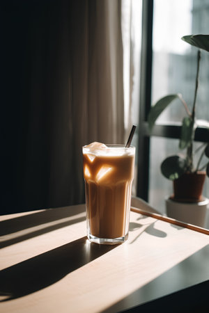 Iced coffee in a glass on the table in a cafe.の素材