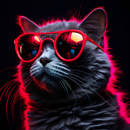 Portrait of a beautiful cat with sunglasses on a black background.の素材