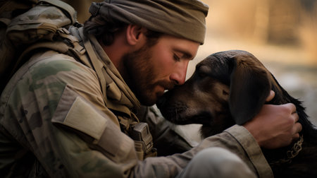 Soldier with a dog in the forest. Selective focus.の素材