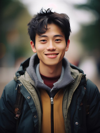 Portrait of a handsome young asian man in a city streetの素材