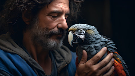 Portrait of a bearded man with a macaw parrot.の素材