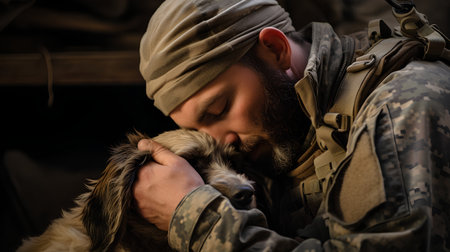 Soldier in a military uniform holds a dog in his arms.の素材