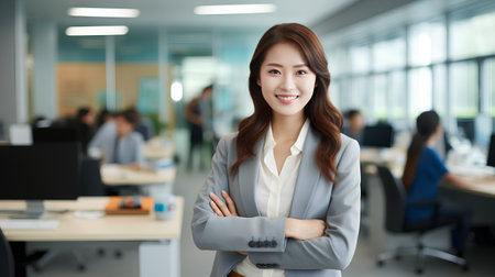Confident asian businesswoman standing with arms crossed in modern officeの素材