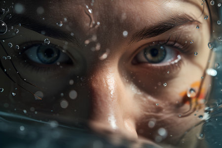 Close-up portrait of a beautiful young woman under water drops.の素材