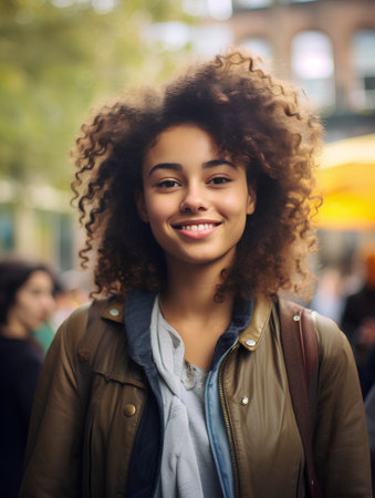 Portrait of a beautiful young african american woman with curly hairの素材