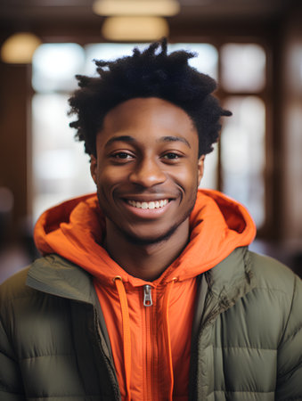 Portrait of a young african american man smiling at the cameraの素材