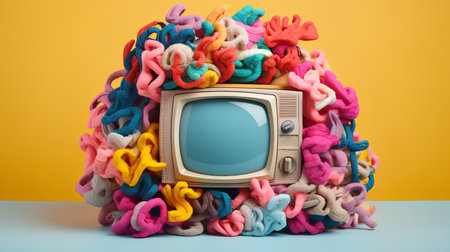 Vintage TV in a large pile of colorful clothes, 3d illustrationの素材